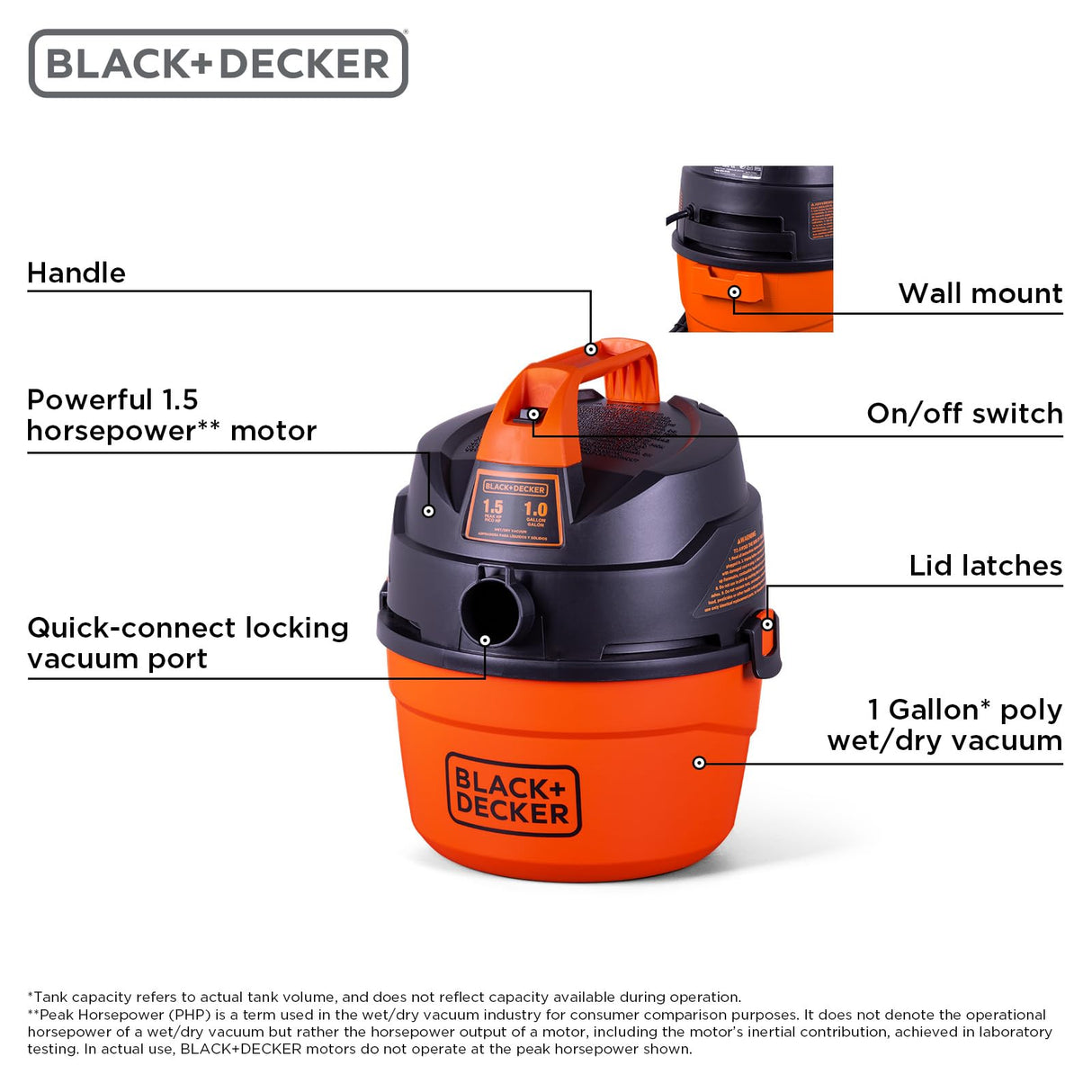 BLACK+DECKER Shop Vacuum Wet and Dry, Small Shop Vac with Accessories, 1 Gallon 1.5 Peak HP, Wall Mount Mini Vacuum for Garage, Home and Pet, 60CFM (BDXV18101P-1H) BLACK+DECKER