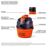 BLACK+DECKER Shop Vacuum Wet and Dry, Small Shop Vac with Accessories, 1 Gallon 1.5 Peak HP, Wall Mount Mini Vacuum for Garage, Home and Pet, 60CFM (BDXV18101P-1H) BLACK+DECKER