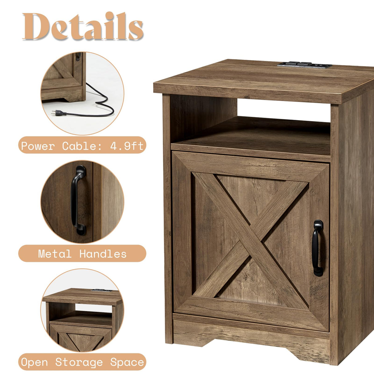 AMERLIFE 3-Piece Farmhouse Table Set Includes Coffee Table& Two End Tables, Side Table with Charging Station and USB Ports, for Living Room, Bedroom,Barnwood AMERLIFE