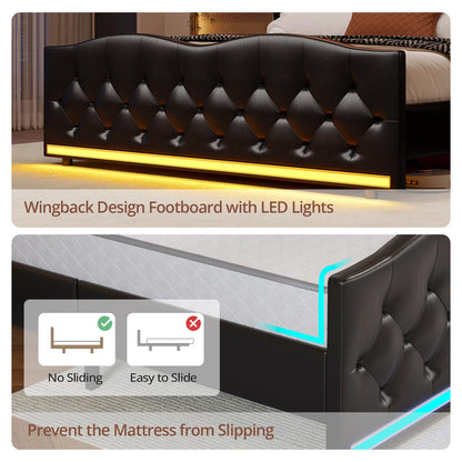 BTHFST Queen Size Bed Frame with Tall LED Headboard, Charging Station & Upholstered Wing Design - WoodArtSupply