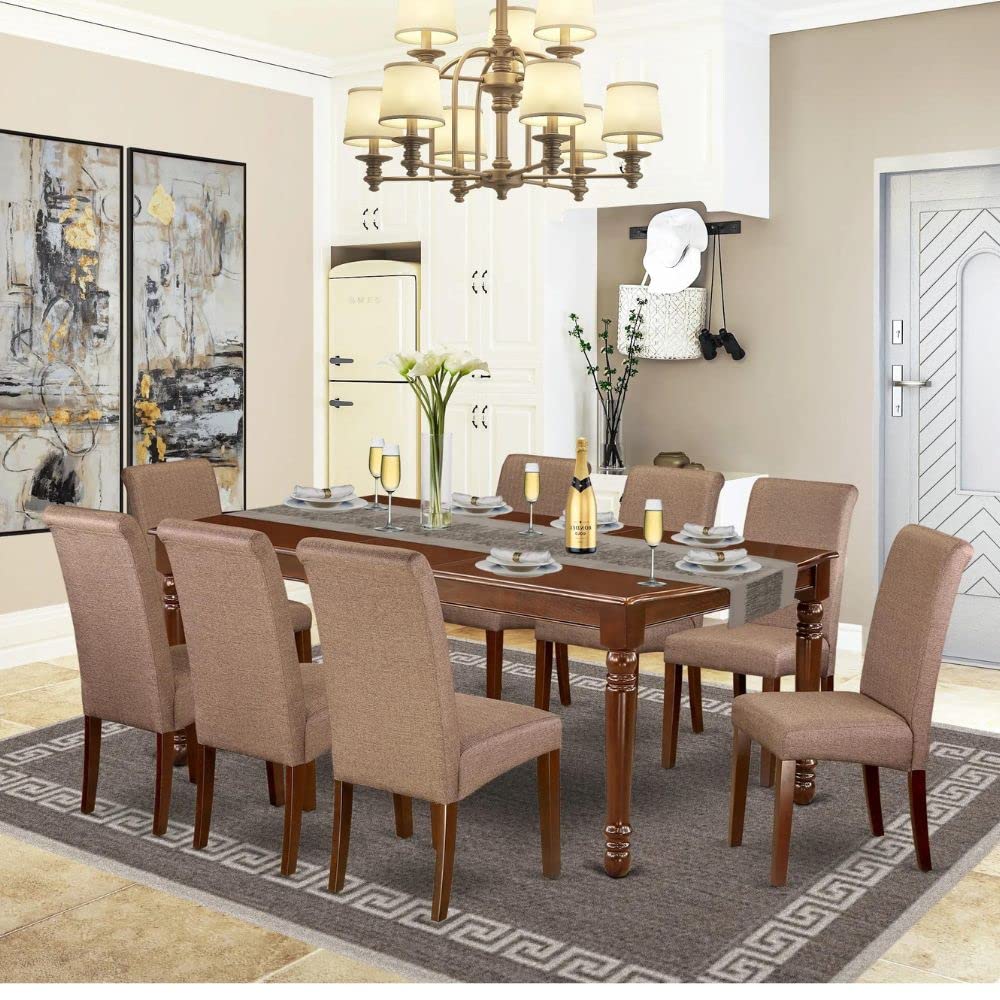 East West Furniture DOBA9-MAH-18 9 Piece Modern Dining Table Set Includes a Rectangle Wooden Table with Butterfly Leaf and 8 Brown Linen Linen Fabric Parson Chairs, 42x78 Inch, Mahogany East West Furniture