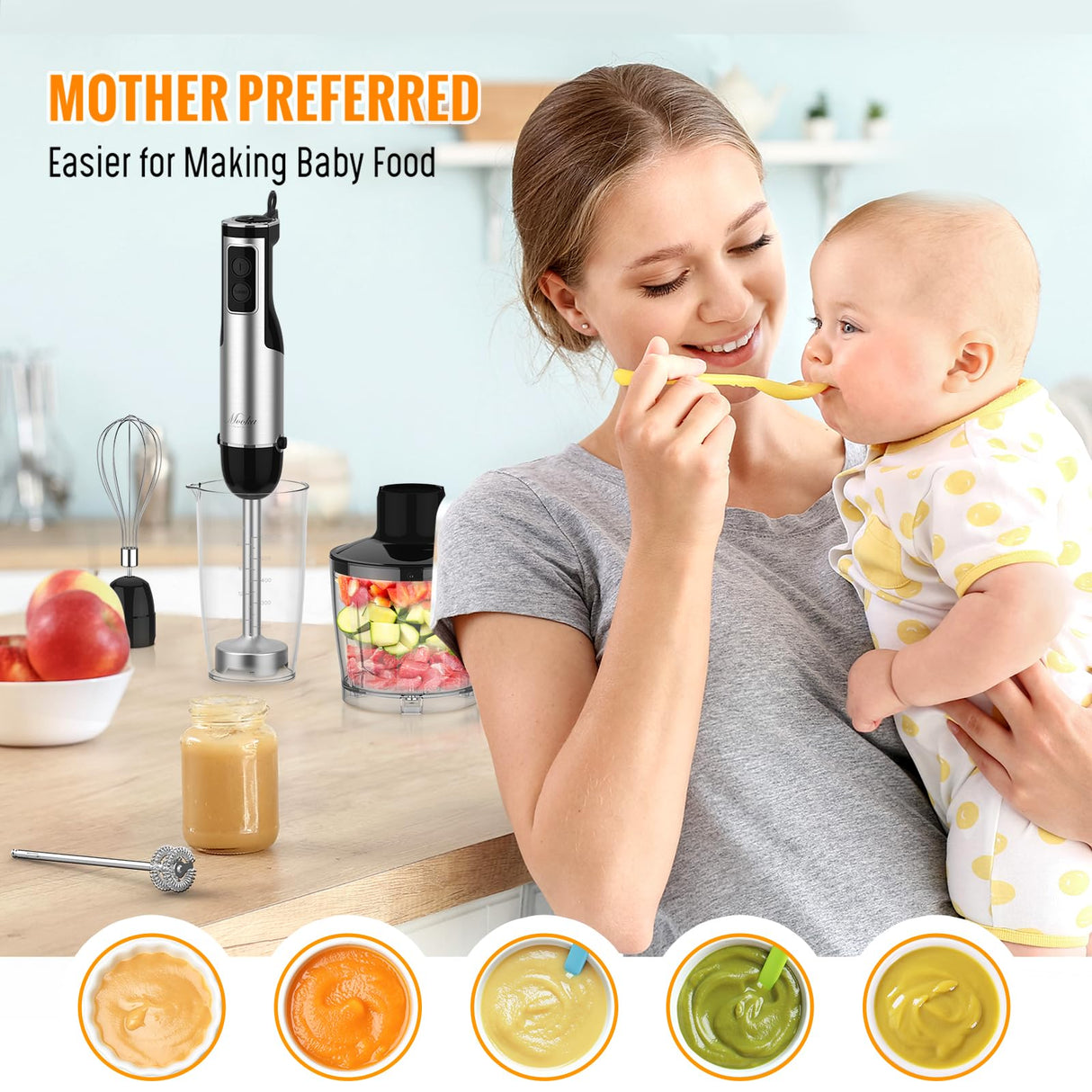 Immersion Blender Handheld, 1100W 5-in-1 Multi-Purpose Hand Blender, 12-Speed Stick Blender, 600ml Beaker, 500ml Chopper, Egg Whisk, Milk Frother, Black MOOKA FAMILY