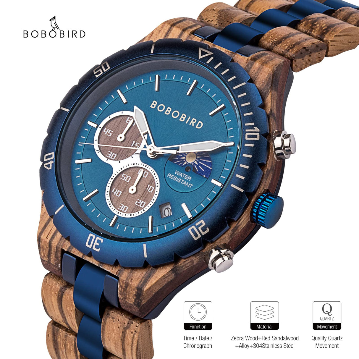 BOBO BIRD Mens Quartz Wooden Watches Stainless Steel Red Sandalwood Alloy Wood Watch for Male Classic Function Wristwatch Chronograph Luminous Hands (Blue) BOBO BIRD