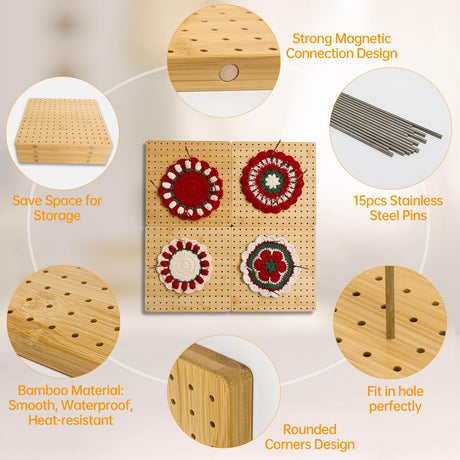 16 x 16 Inches Crochet Blocking Board 4 in 1 - Magnetic Splicing Large Size Granny Square Blocking Board Mats for Knitting & Crochet Projects with 15 Stainless Steel Pegs, Gifts for Mom, Grandmothers Adnkwolivt