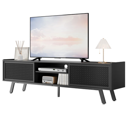 Buytime Black TV Stand for 65 70 Inch TV, Modern Iron Rattan TV Console with Sliding Door, Entertainment Center with Storage and Adjustable Shelves, Media Console for Living Room and Bedroom