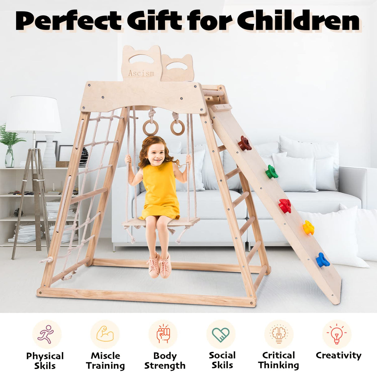 Ascism Jungle Gym Indoor (8 in 1) Wooden Indoor Playground, Toddler Wooden Climbing Toys, Montessori Playset, Gym with Slide, Climbing Net, Swing, Tent, Gymnastics Ring… Ascism