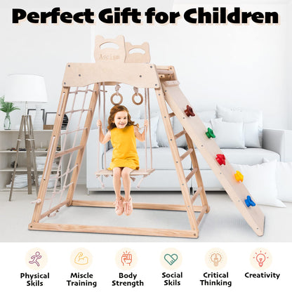 Ascism Jungle Gym Indoor (8 in 1) Wooden Indoor Playground, Toddler Wooden Climbing Toys, Montessori Playset, Gym with Slide, Climbing Net, Swing, Tent, Gymnastics Ring…