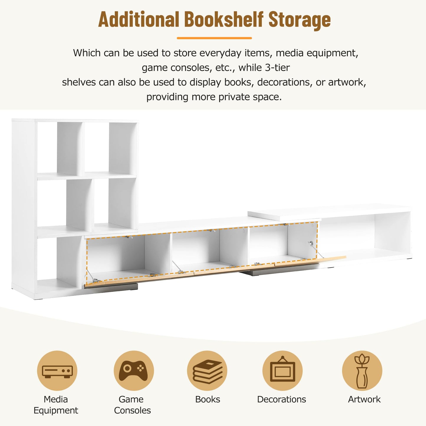 THINK 30 74.8''-126'' Extendable TV Stand with 3 Tier Bookshelves for TVs up to 110'', Adjustable Entertainment Center with Storage Cabinets, Sliding Tabletop Media Console for Living Room, White