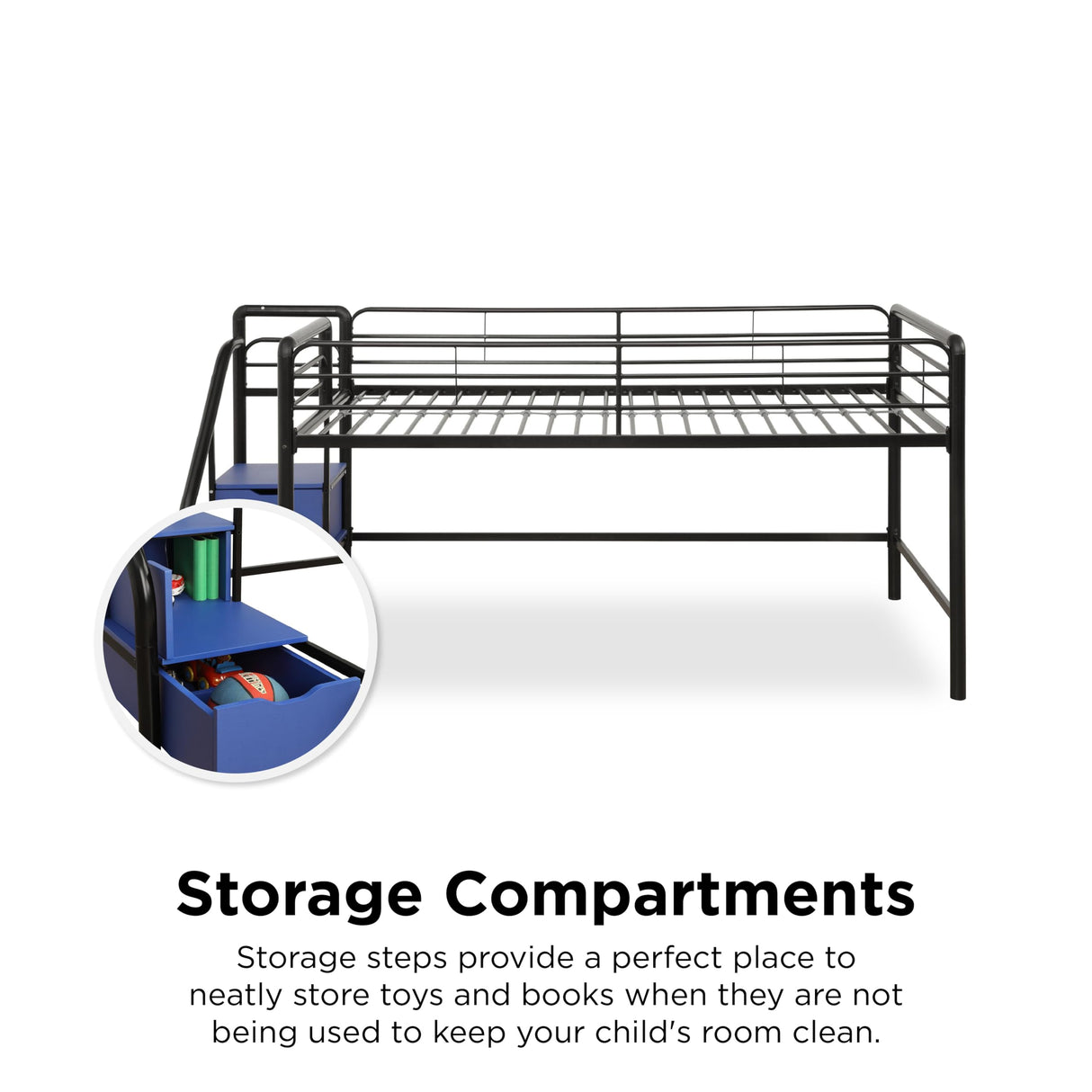 DHP Junior Twin Metal Loft Bed with Storage Steps, Multifunctional Space-Saving Solution - Black with Blue Steps DHP