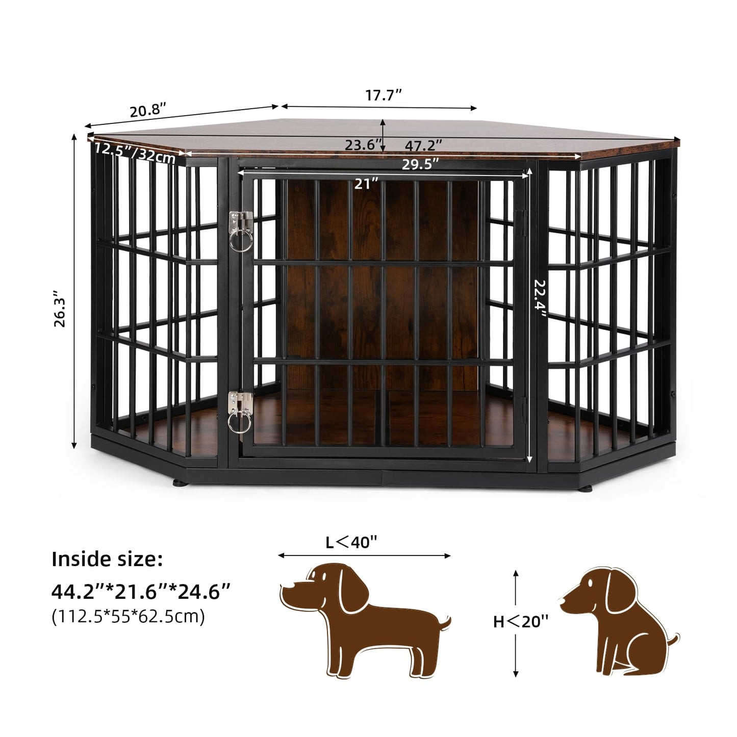 VOWNER 47 Inch Dog Crate Furniture Corner, Wooden Dog Kennel Furniture, End Table Dog Crate for Medium Dogs, Indoor Pet Crates Corner Side Table for Dogs, Wide Top Perfect for Limited Room, Brown