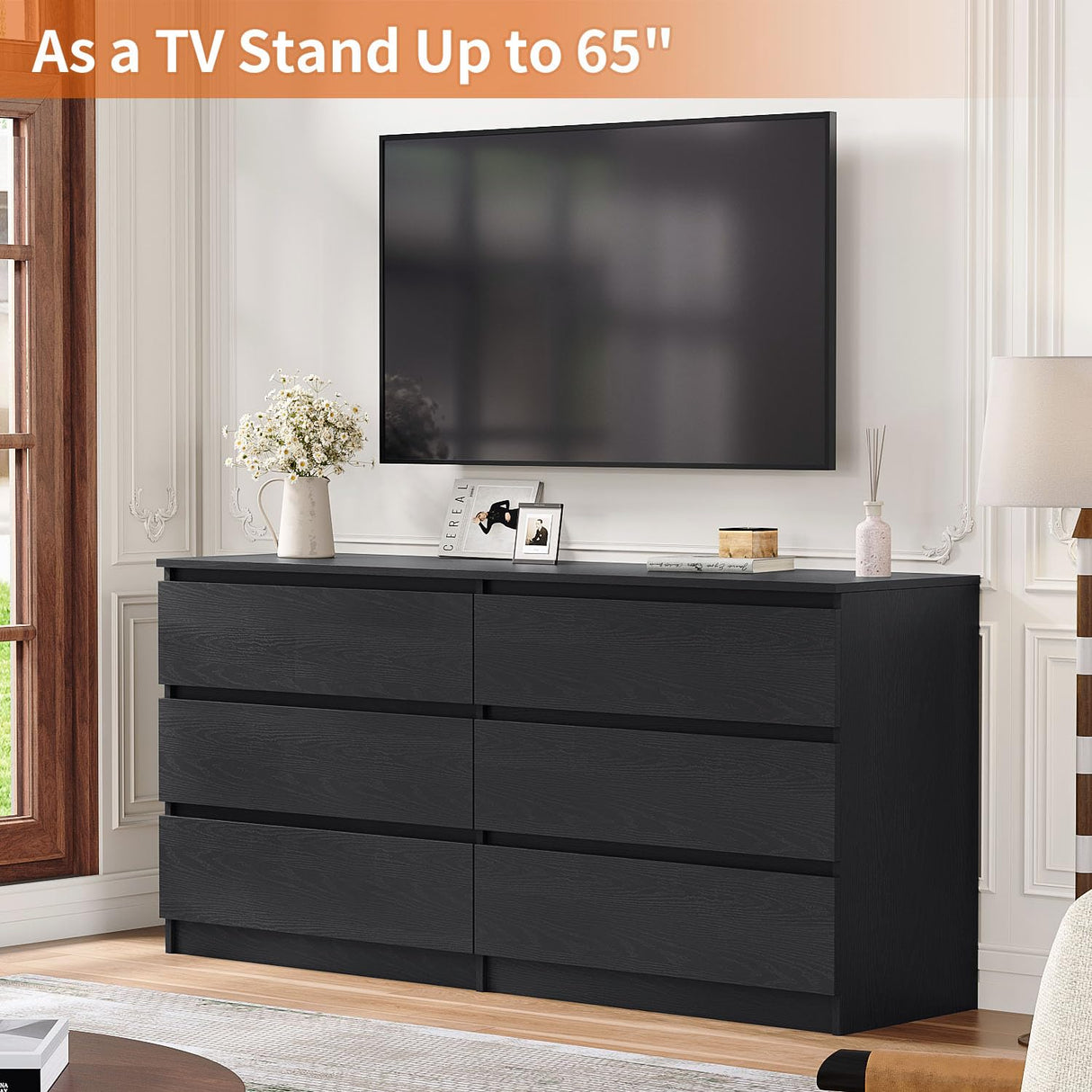 Modern 6 Drawer Dresser for Bedroom, 59'' Black Dresser, Wood Dresser with Handless Design, Thickened Back Panel, Stable & Sturdy Base, Double Drawer Long Dresser, Wide Chest of Drawers for Bedroom Angel Sar