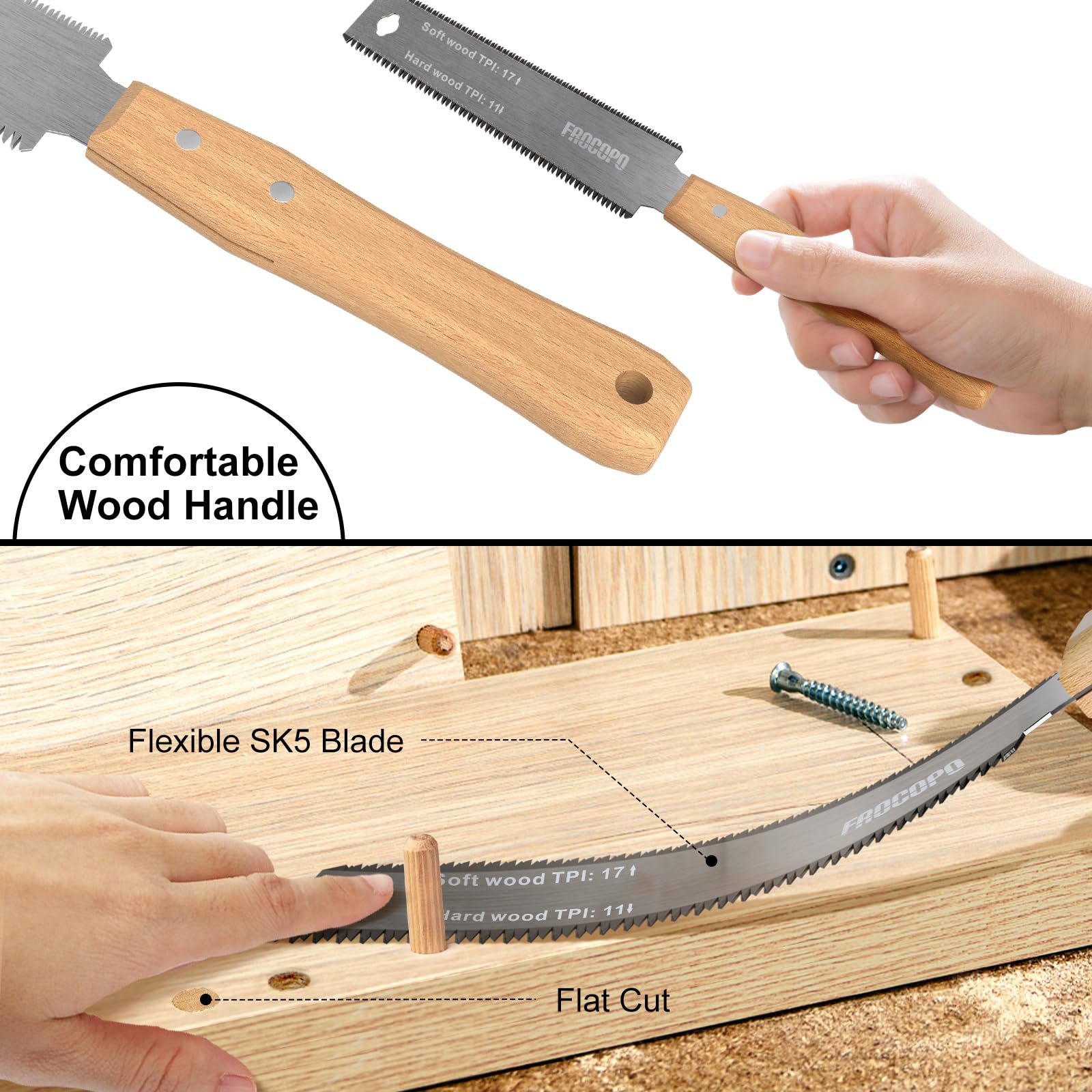 Frocopo Hand Saw Woodworking Tools, 6-Inch Pull Saw, Flexible Double-Edge Blade 17/11 TPI, Japanese Flush Cut for DIY Craft, Non-Slip Wood Handle, Sharp & Lightweight for Woodworking and Gard - WoodArtSupply