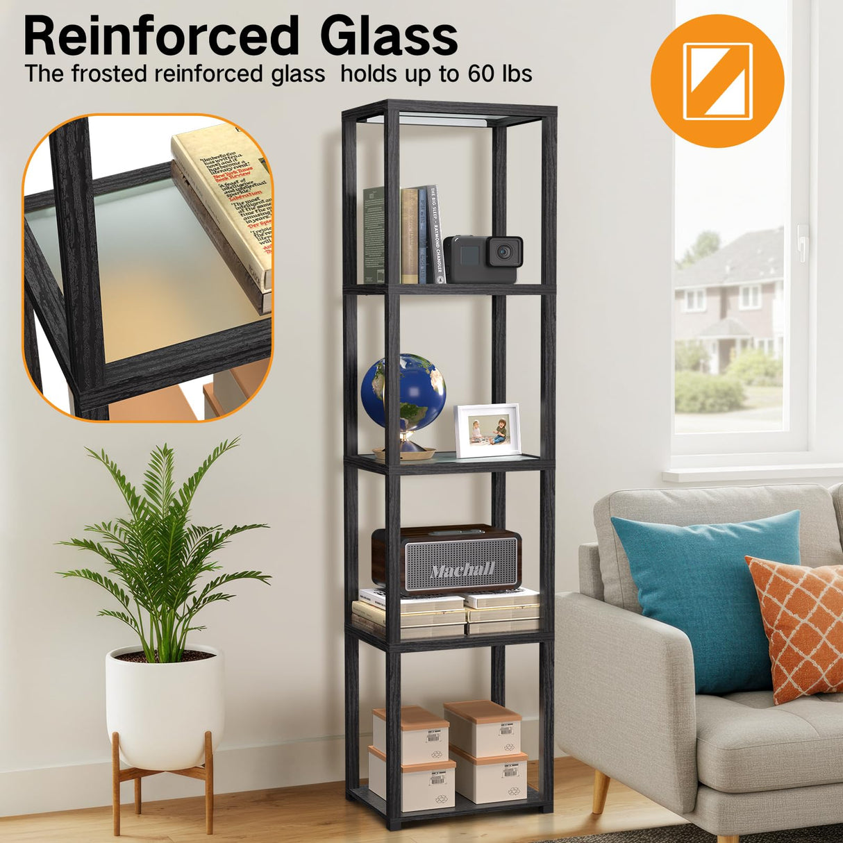 OUTON 67" Glass Display Shelf with Dimmable LED Floor Lamp, Collectibles Display Cabinet with Remote & App Control, 5 Tier Open Bookshelf Lamp for Living Room, Bedroom, Office, Home Decor, Black OUTON