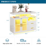 WOOVIVS 39.4" Modern LED Sideboard Buffet Cabinet with Wireless Charging Station, High Gloss Entrance Cabinet with Motion Sensor Light, Coffee Bar Cabinet for Dining Room, Kitchen, Hallway (White) WOOVIVS