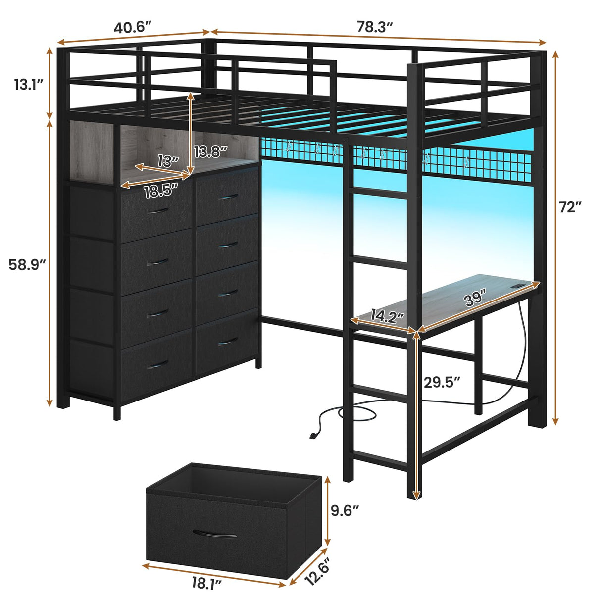 BTHFST Twin Loft Bed with Desk & 8 Storage Drawers Tall Dresser, Black Metal Loft Bed with LED Lights & Charging Station, 2-Tier Storage Shelves, Stable & Sturdy, Noise Free, Space Saving, Grey BTHFST