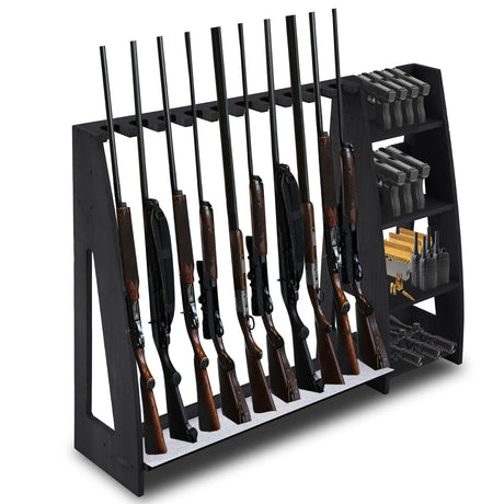 Lineshading Wooden Gun Rack with Holder, Indoor Floor Standing Gun Rack, Gun Display Rack Storage Rack for Home or Garage Gun Storage, Holds 10 Long Guns and 8 Short Guns Lineshading