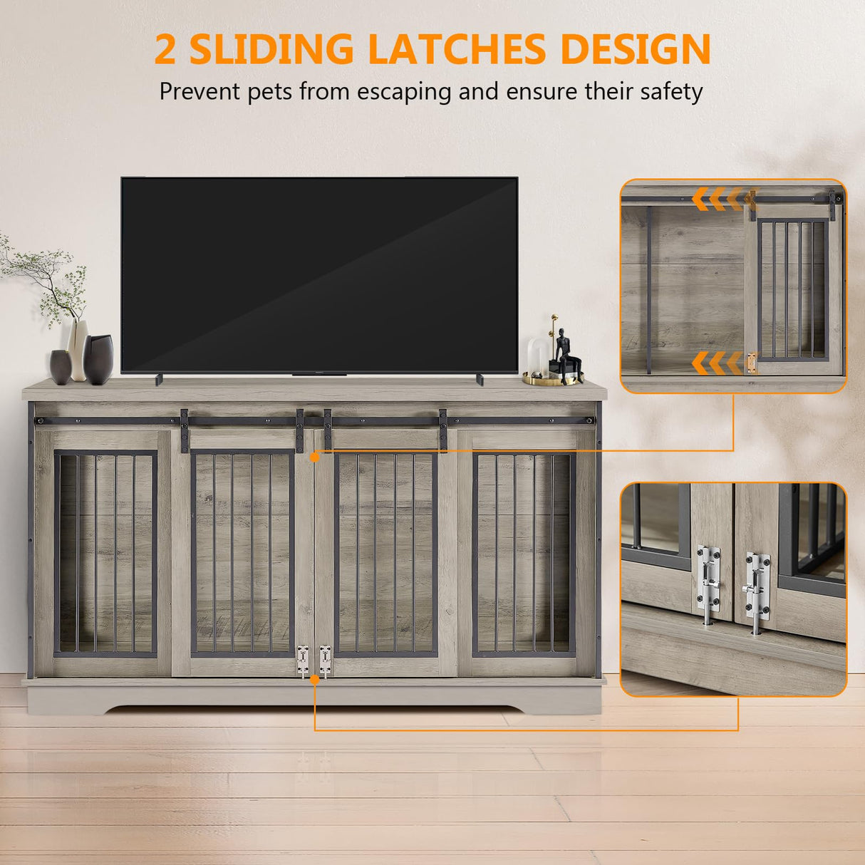 Yafylly 2-in-1 Double Dog Crate Furniture with Divider 60.6 Inch Grey Sturdy Dog Kennel TV Stand with 2 Sliding Doors and Thick Iron Door Frame for 2 Dogs Yafylly