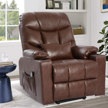 URRED Power Lift Recliners for Elderly, Electric Lift Chair with Massage and Heat, PU Leather Recliner Chair for Living Room (Brown) URRED