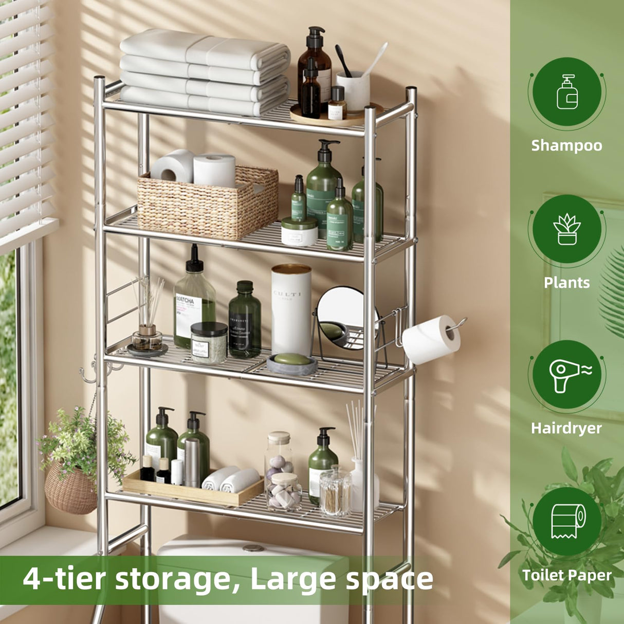 Ekisemio Over The Toilet Storage Shelf, 4-Tier Metal Over Toliet Bathroom Organizer Rack with Shelves, 70 Inch Tall, 4 Hooks and Paper Holder, Chrome Ekisemio