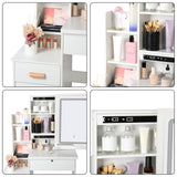 cdar Makeup Vanity Desk with Mirror and Lights, 3 Colour Light Modes Bedroom Dressing Table wih Drawers Shelves Chair Wooden Handles and a Lock Easy cdar