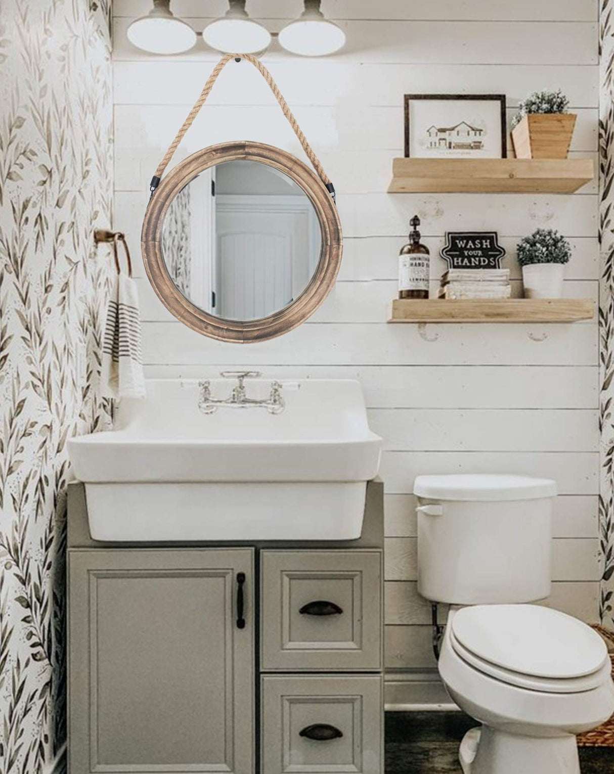 Funly mee 16.2 Inch Rustic Round Decorative Mirror with Solid Wood Frame&Rope Hanging,Farmhouse Antique Wall Decor (L) Funly mee