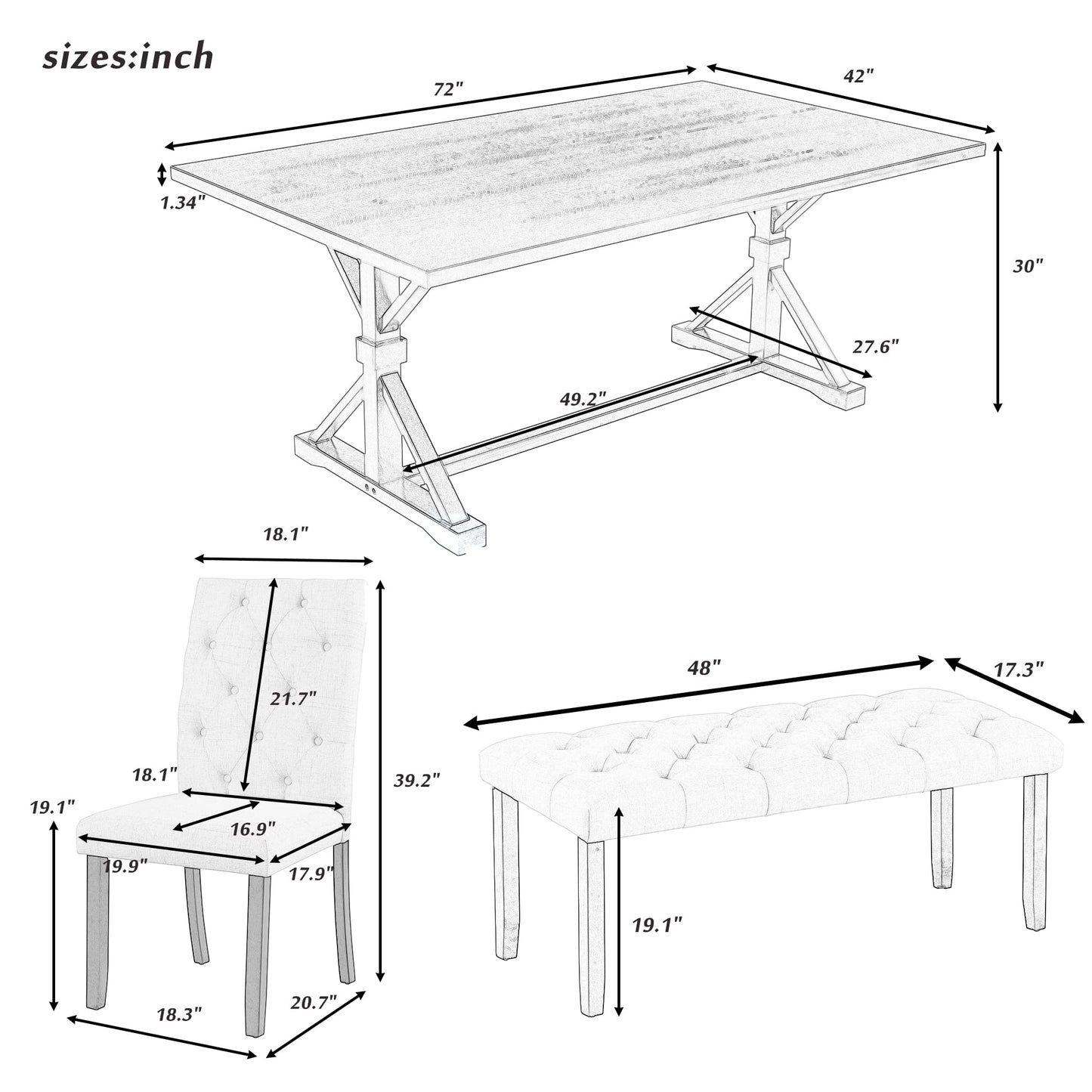 LUMISOL 6 Piece Dining Table Set with Bench and Chairs Farmhouse Style, Wood Kitchen Dining Room Furniture Table Set of 6, Recantgle Table and Upholstered Bench and Chairs - WoodArtSupply