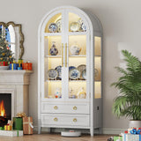 Vlsrka 71 Inch Arched Curio Cabinet, 4-Tier Display Cabinet and 2 Drawers, Tall Bookcase with 3 Color Lights, Display Case with Glass Doors, Kitchen Pantry, White Vlsrka