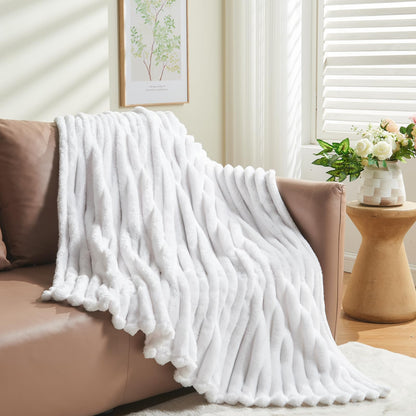 NEWCOSPLAY Super Soft Throw Blanket White Premium Silky Flannel Fleece 3D Ribbed Jacquard Lightweight Bed Blanket All Season Use (White Ribbed, Throw(50"x60"))