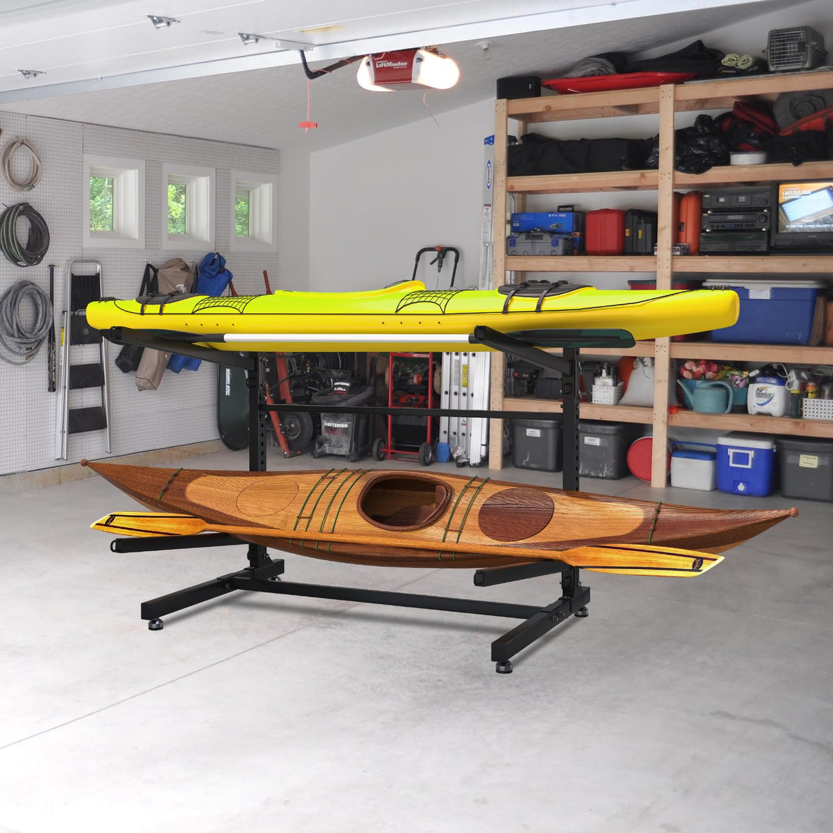 LotFun Kayak Storage Rack, Freestanding Heavy Duty Adjustable Kayak Stand Indoor Outdoor Storage Rack Garage, with Wheels and Foot Pad, for Kayaks, SUPs, Canoes, Surfboard(2 Levels) LotFun