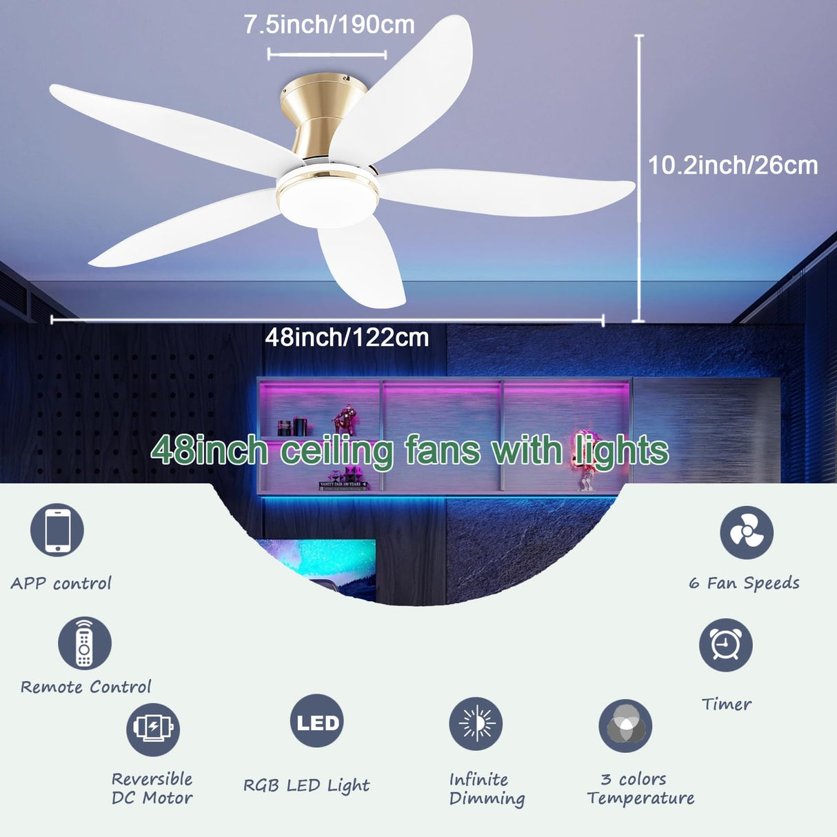 JSAITEE Ceiling fan with light, 48" RGB Low Profile Ceiling fans with Lights and Remote Control, Dimmable, DC Reversible Motor, Noiseless, 6 Speeds Flush Mount White Ceiling Fan for Bedroom JSAITEE