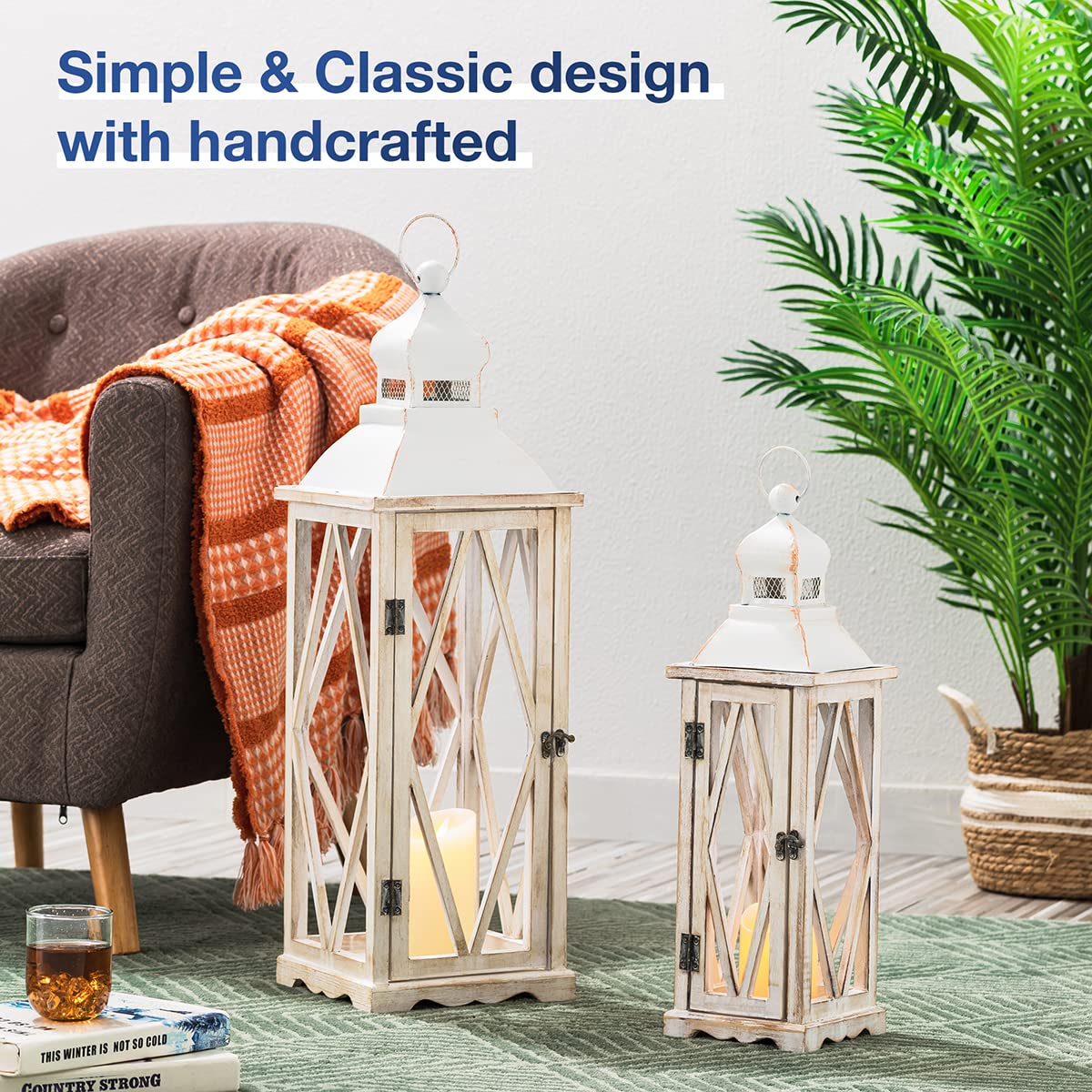 Glitzhome Large Farmhouse Wooden Metal Lantern Set of 2, 28.74" H/20.47" H Rustic Decorative Floor Candle Lanterns, Distressed Hanging Lanterns for Home Décor White (No Glass) Glitzhome