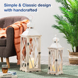 Glitzhome Farmhouse White Wood Metal Lanterns Decorative Hanging Candle Lanterns Set of 2 Glitzhome