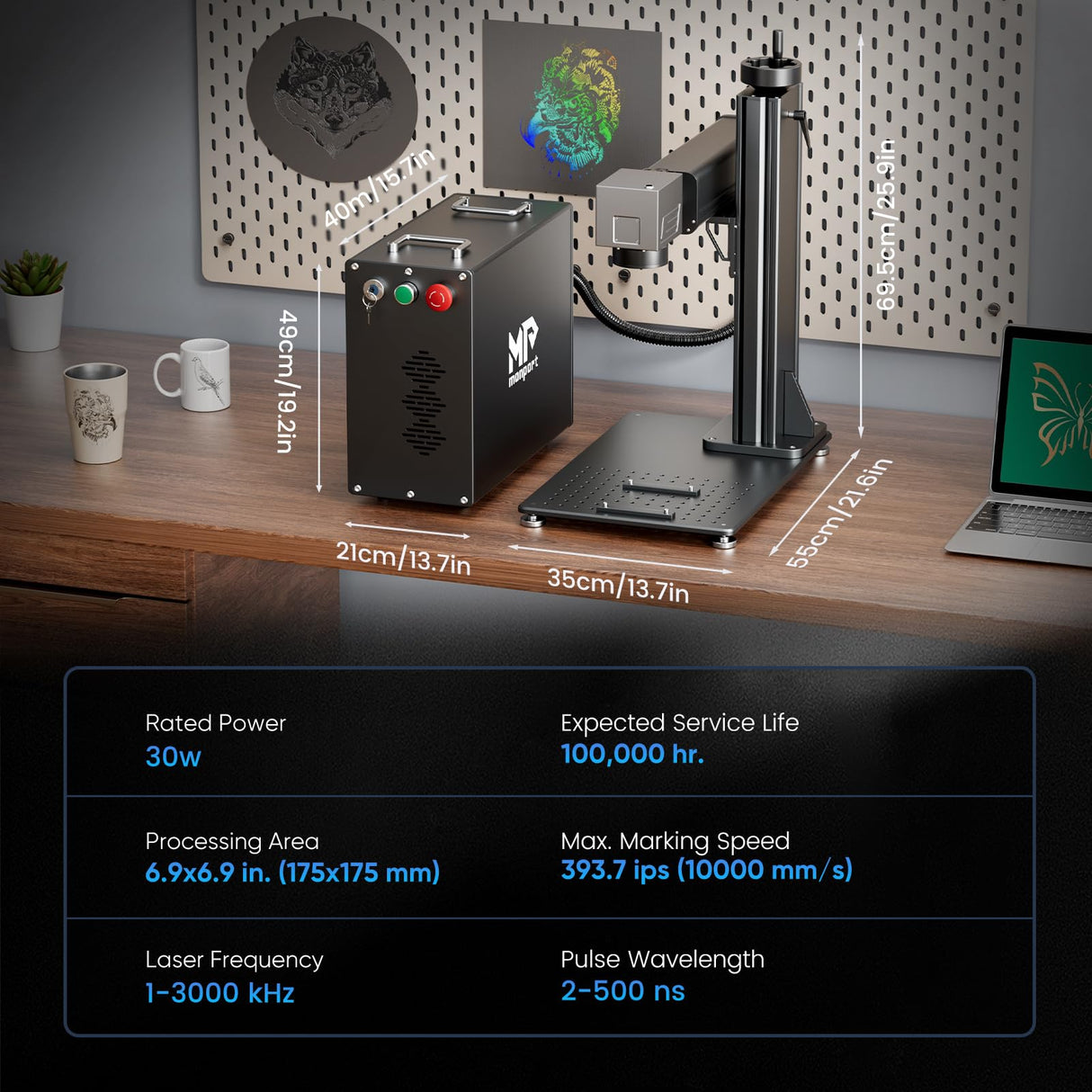 Monport 30W Fiber Laser Engraver＆Rotary Axis with Lightburn,MOPA Laser Marking Machine with 6.9" x 6.9" Lens Red Dot Guide for Metal Color Marking for Aluminum Gold Steel More Monport