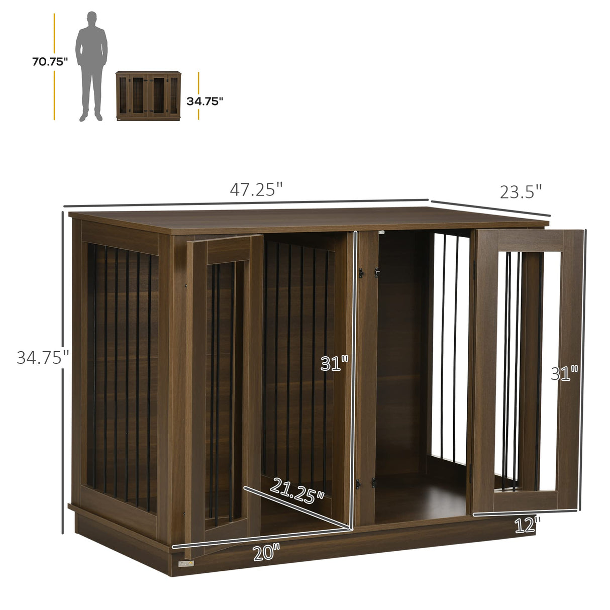 PawHut Furniture Style Dog Crate with Removable Divider, Dog Crate Side End Table Indoor with Double Doors, for Small to Large Dogs, 47" x 23.5" x 35", Walnut PawHut