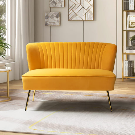 Tina's Home Mid-Century Velvet Loveseat Sofa, Upholstered Loveseat Couch with Golden Metal Legs, Small Tufted 2-Seat Sofa Armless Love Seat for Living Room, Bedroom, Apartment Small Spaces, Mustard TINA'S HOME