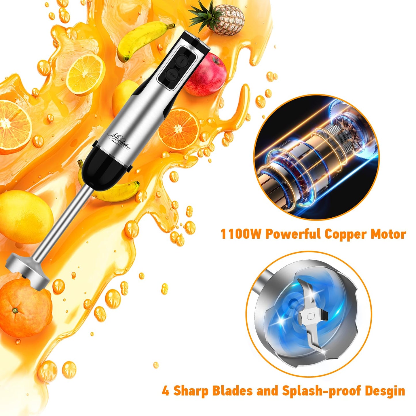 Immersion Blender Handheld, 1100W 5-in-1 Multi-Purpose Hand Blender, 12-Speed Stick Blender, 600ml Beaker, 500ml Chopper, Egg Whisk, Milk Frother, Black