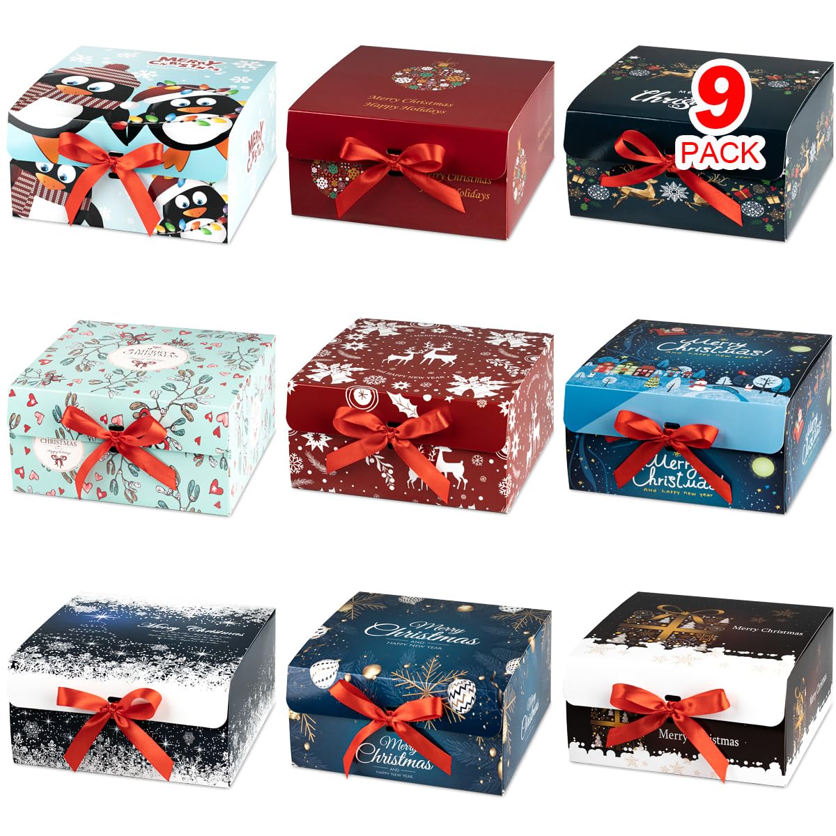 ARTLYMERS Christmas Gift Boxes with Lids, 9 Pack Gift Box and Red Ribbon Christmas Themed Pattern Small Gift Boxes for Xmas Presents Gifts Easy Assemble ARTLYMERS