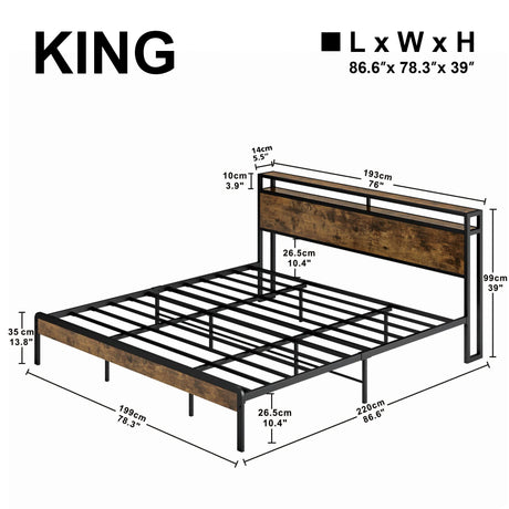 LIKIMIO King Size Platform Bed Frame with 2-Tier Storage Headboard in Vintage Brown LIKIMIO
