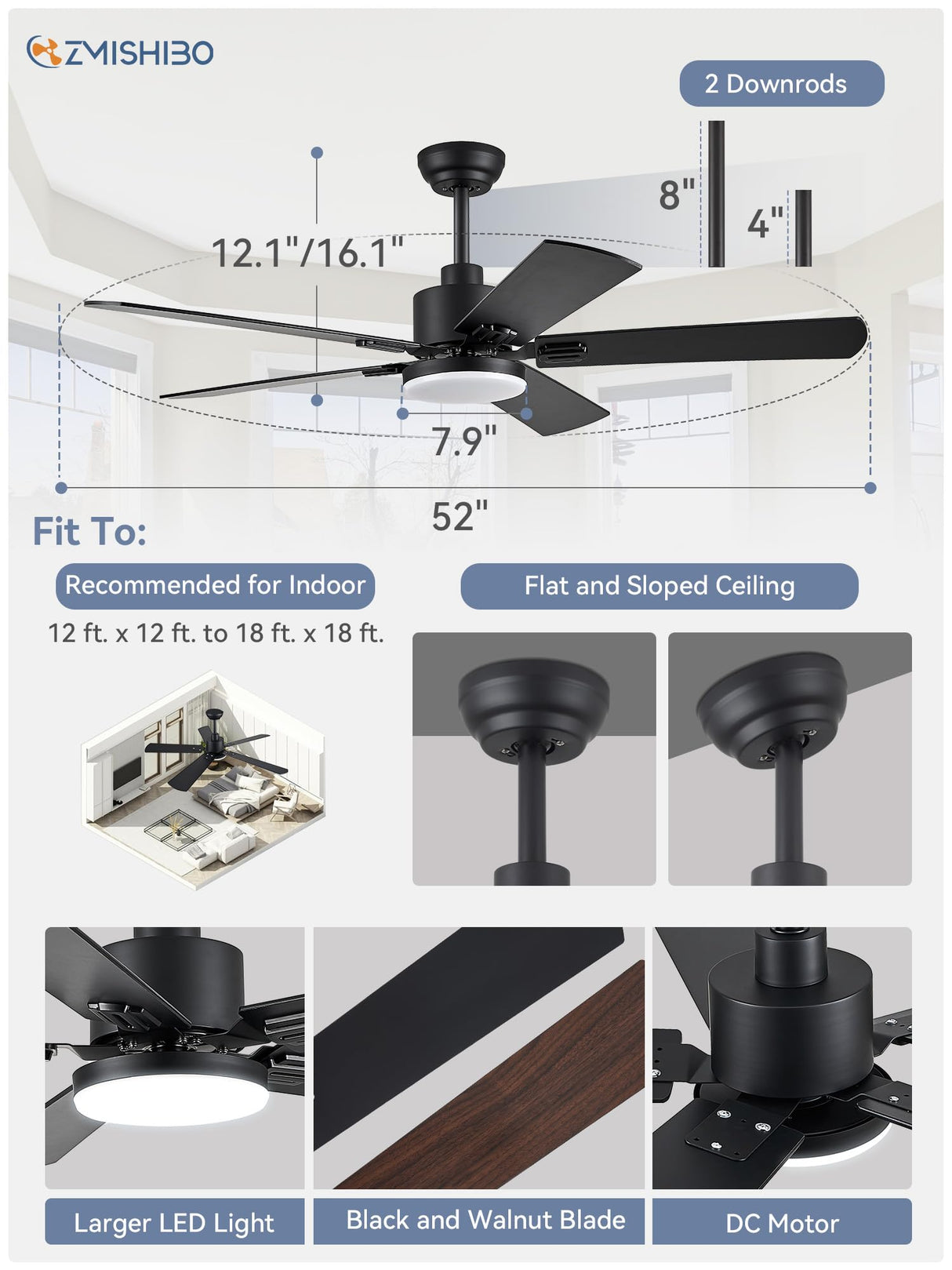 ZMISHIBO 2 Pack 52" Ceiling Fans with Lights, Black Modern Ceiling Fan with Remote, Farmhouse Indoor Ceiling Fan with Dual Finish Blades, Quiet & Strong Motor, Bright LED Light. ZMISHIBO
