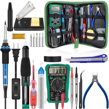 Soldering Iron, Soldering Kit, 19-in-1 60w Soldering Iron Kit Electronics Adjustable Temperature Welding Iron with ON/OFF Switch, Digital Multimeter, 5 Tips, Desoldering Pump, Screwdriver, Tweezers HANDSKIT