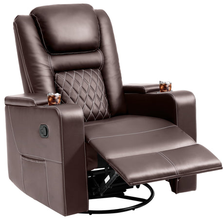 YITAHOME Swivel Rocking Recliner with Massage and Heat, Hidden Arm Storage, Faux Leather Rocker Recliner Chairs with Cup Holders, Comfy Home Theater Seating, Manual Recliner for Living Room, Brown2 YITAHOME