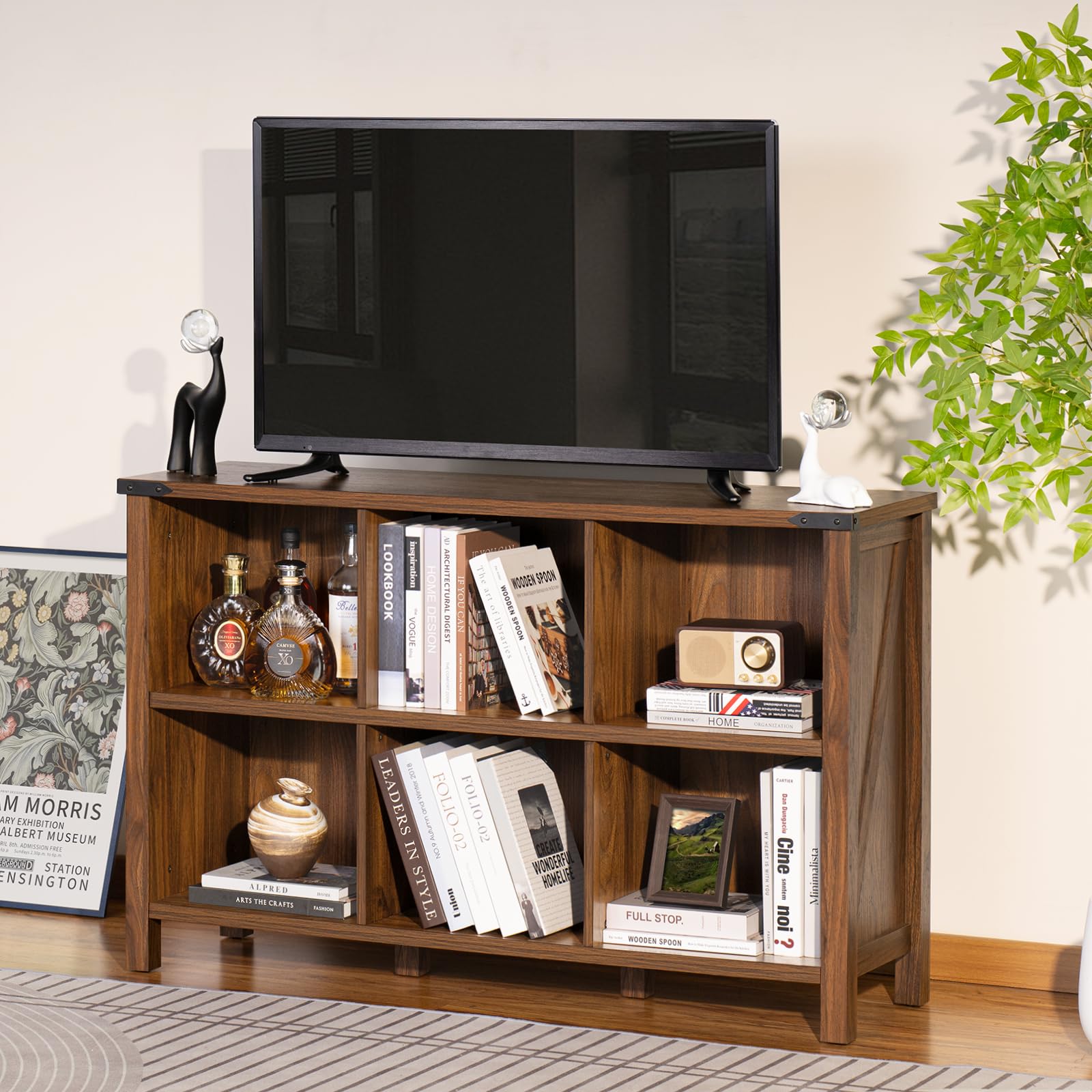 Joaxswe Rustic 6 Cube Wood Bookshelf – 3 Tier Brown Walnut Storage Organizer with Legs - WoodArtSupply