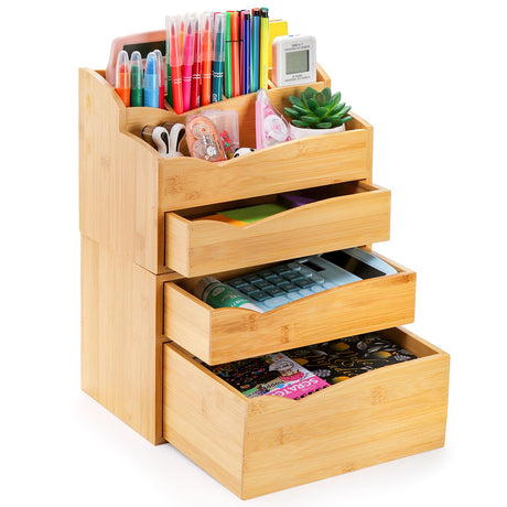 Yopay 2 Pack Bamboo Desk Organizer, Stackable Desktop Organizer with 3 Drawers, 100% Bamboo Office Tabletop, Countertop Organization for Stationery, Makeup Vanity, Fully Assembled Yopay