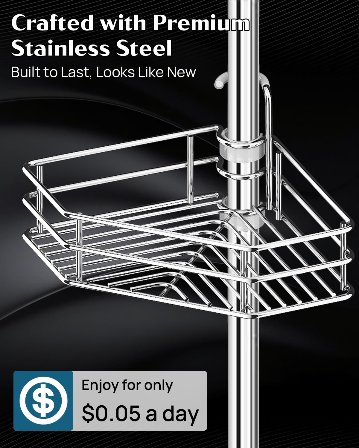 SEIRIONE Corner Shower Caddy Tension Pole, Quick Setup, Rust-Free Bathroom Shower Organizer Corner for Bathtub Shampoo Storage, 4-Tier Adjustable Shelf, Drill Free, Fits 34 to 116 Inch Height, Silver SEIRIONE