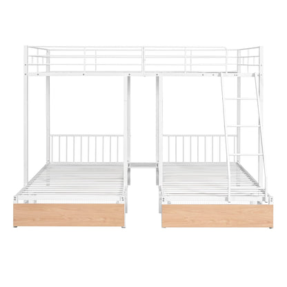 Harper & Bright Designs Metal Triple Bunk Bed with Drawers and Guardrails, Full Over Twin & Twin Bunk Bed for 3, Space-Saving, Noise Free, No Box Spring Needed - White