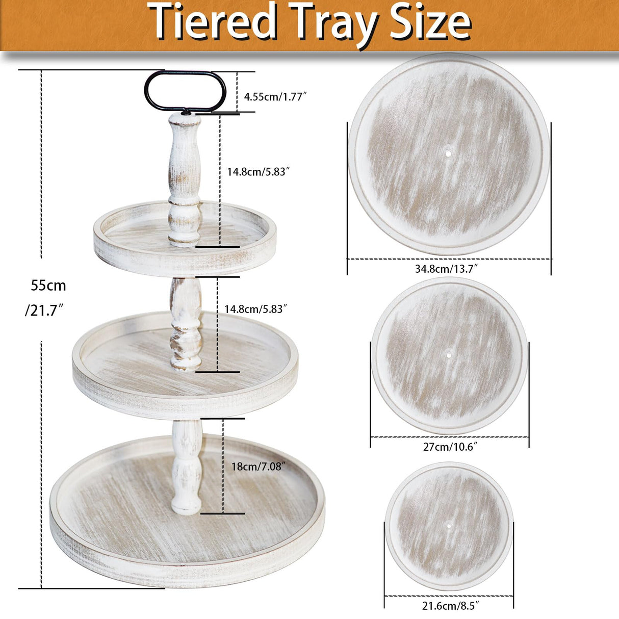 Krismax Decorative Tray - Cupcake Stand Three Tiered Tray Stand, Rustic Round Farmhouse Style Tiered Tray Decor, Farmhouse 3 Tiered Serving Tray, Holiday Decoration (White) Krismax