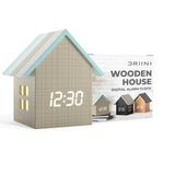 Driini Digital House Shaped Alarm Clock with Temperature Display (Stripe Wood) – Modern Aesthetic - Cute Cube Frame and White LED Dimmer - Perfect Large Desk Clock for Bedside Table or Bedroom Mantle Driini