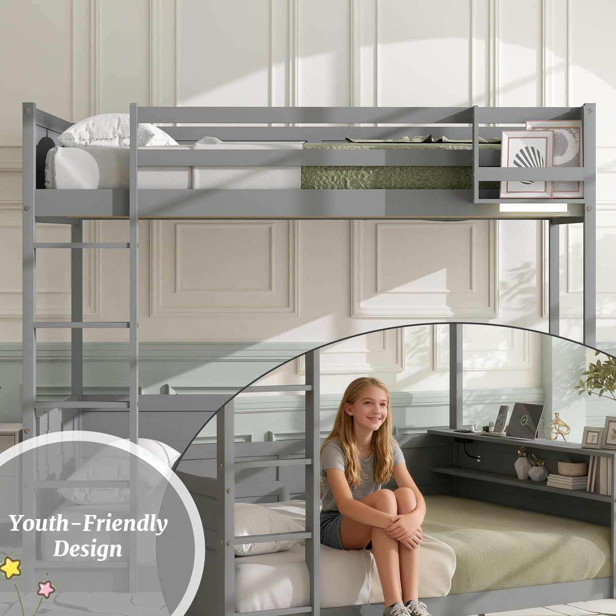 OYUMOENTS Queen Over Queen Bunk Beds for Adults, Queen Bunk Bed with Built-in Shelves & Small Bookcase, LED Light & USB Charging Station, Wooden Bed Frame with Clothes Hooks for Teens & Adults, Grey OYUMOENTS