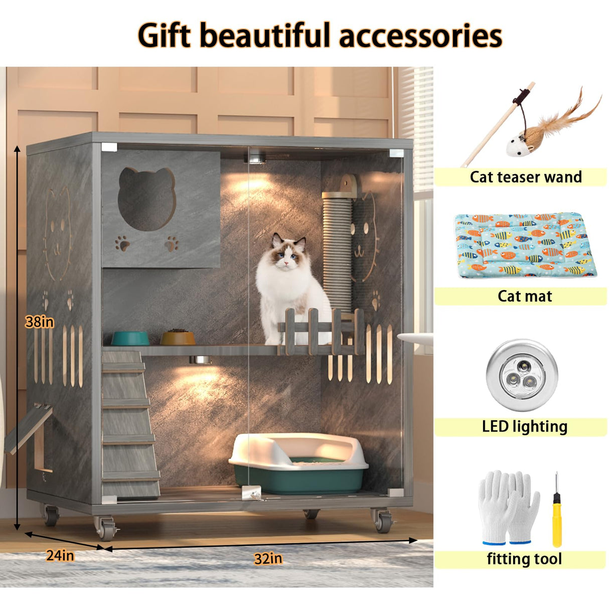 Large Indoor Cat Enclosure, Wooden Large Cat Villa, Indoor/Outdoor Cat Enclosure with Wheels, Multi-Feature Enclosed Cat Houses for Indoor Cats Ventilation Glass Doors, 38" X 32" X 24" HUATOL