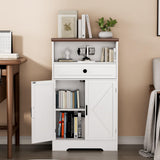 Viroformo White Floor Cabinet, Farmhouse Storage Cabinet with Barn Doors and Drawer, Freestanding Adjustable Shelf Cabinets for Bathroom, Kitchen, Living Room Viroformo